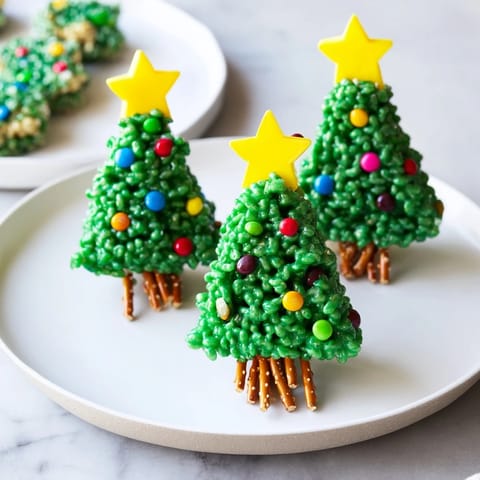 Homemade Christmas Tree Rice Crispy Treats, a festive snack with star candy toppings, ready to enjoy.