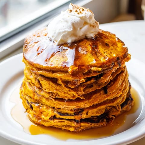 These homemade pumpkin spice pancakes are light and airy, hinting at warm fall flavors.