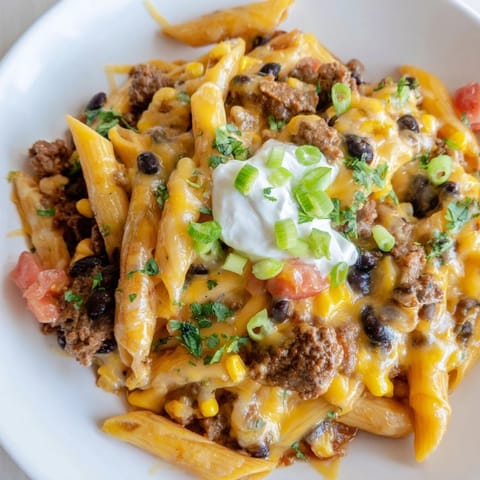 A close-up view of the rich, creamy Cheesy Taco Pasta, ready for a comforting family dinner.