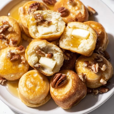 Golden-brown Pancake Brie Bites, a savory and sweet appetizer ready for your brunch gathering.