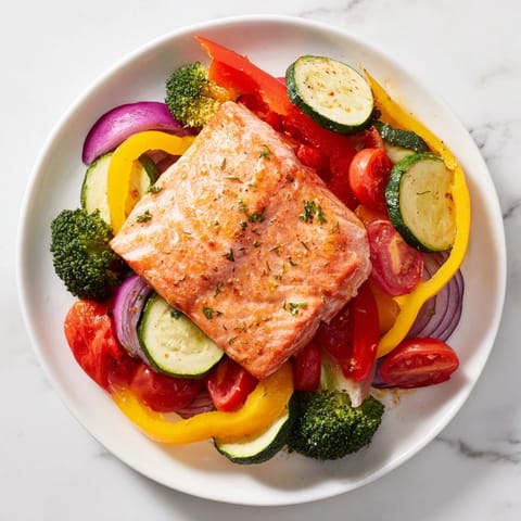 Tender Salmon Sheet Pan Bake with roasted vegetables, perfect for a flavorful, healthy weeknight dinner.
