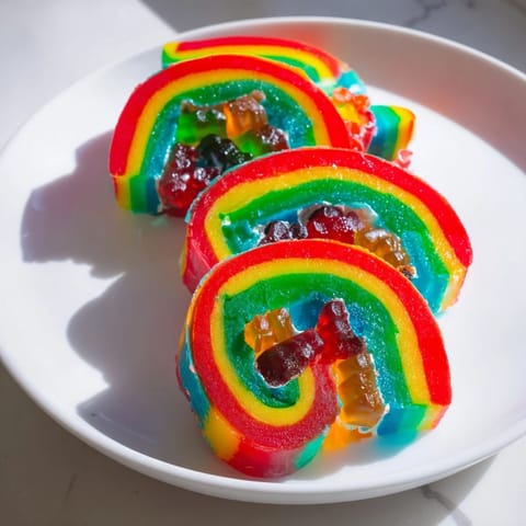Vibrant Rainbow Candy Roll Ups: Gummy candies are nestled inside fruity roll-ups, ready to slice for snacking.