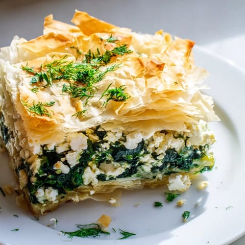 Golden and flaky Greek spanakopita, a savory spinach pie, awaits on a serving platter.