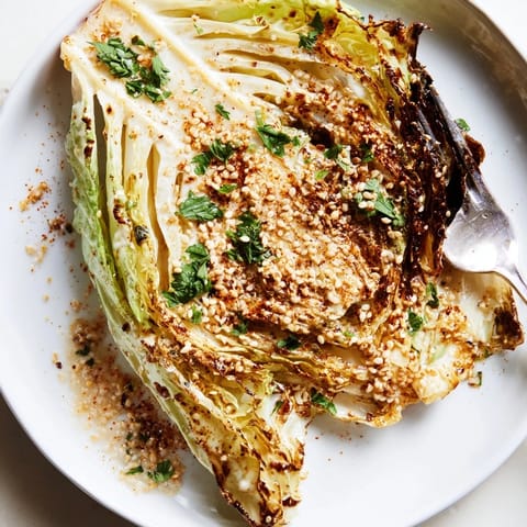 A close-up of tender cabbage wedges with charred edges, topped with a nutty tahini sauce and a sprinkle of paprika.