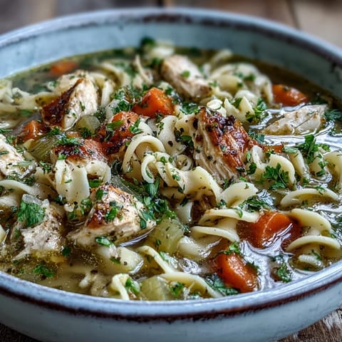 A steamy bowl of classic Chicken Noodle Soup with tender chicken and bright vegetables.