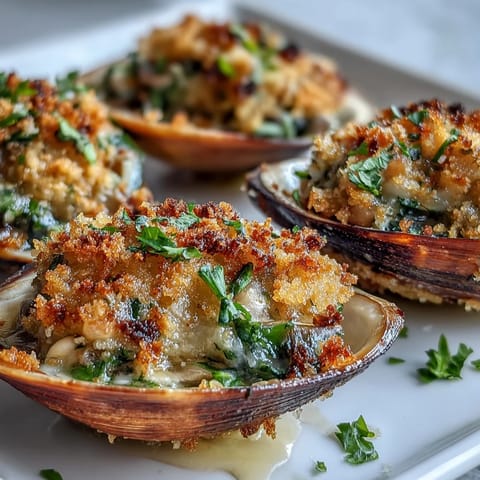 Golden Roasted Clams with Lemony Panko topping bubbling on a baking sheet with fresh parsley.