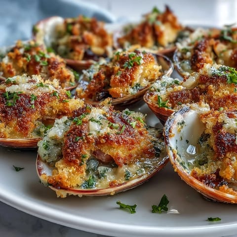 Roasted Clams With Lemony Panko garnished with lemon wedges, served warm as a zesty appetizer.