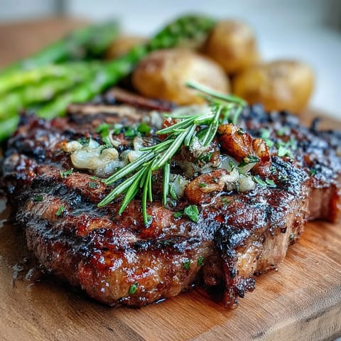 Perfectly grilled bone-in rib eye steak topped with fresh rosemary and smashed garlic for an aromatic finish.