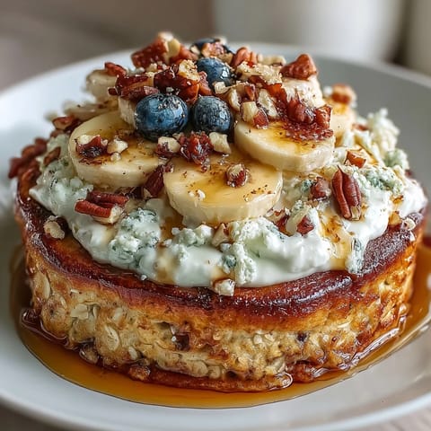 A high-protein breakfast bowl featuring sliced bananas, crunchy nuts, and a creamy dollop of Greek yogurt on pancakes.