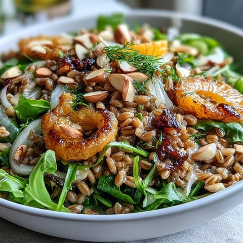 Fork-ready Farro Salad Bowl with Fennel, Oranges & Almonds topped with toasted almonds and fresh salad greens on a rustic table.