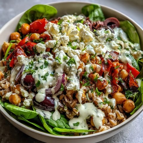 A Mediterranean Farro Bowl with roasted chickpeas, feta, and cherry tomatoes topped with creamy tahini dressing.