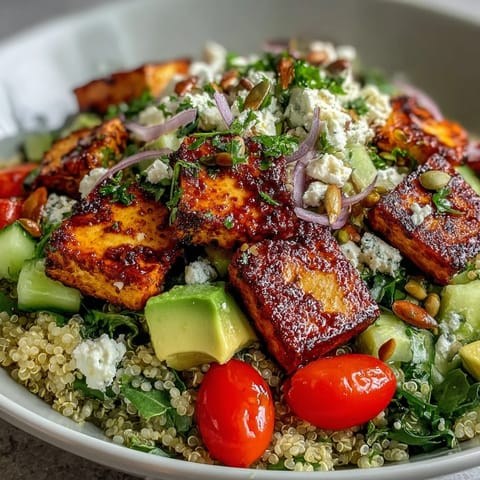 Simple Grain Bowl topped with grilled chicken and shredded carrots on brown rice, garnished with herbs and pumpkin seeds.