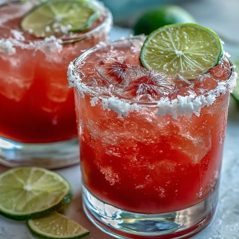 Two glasses of vibrant pink Best Guava Margarita, filled with ice and fresh fruit garnish.