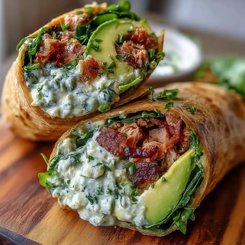 Fresh avocado and tuna wraps with baby spinach, perfect for a quick healthy lunch or dinner on the go.