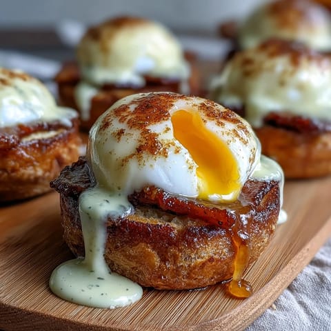 Classic Eggs Benedict with Hollandaise sauce features poached eggs and Canadian bacon on toasted English muffins, perfect for brunch.