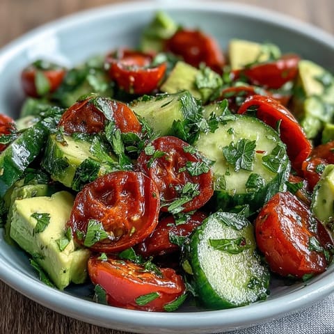 Fresh cucumber tomato avocado salad with lemon dressing, a vibrant mix of crisp vegetables and creamy avocado in a tangy citrus vinaigrette.