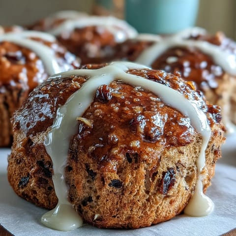 Warm, spiced hot cross buns with currants and a glossy orange glaze, perfect for Easter brunch.