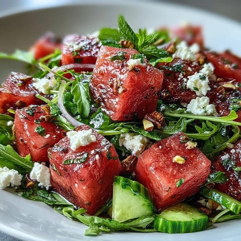 A vibrant Watermelon and Arugula Salad with juicy watermelon, peppery arugula, and creamy feta cheese.