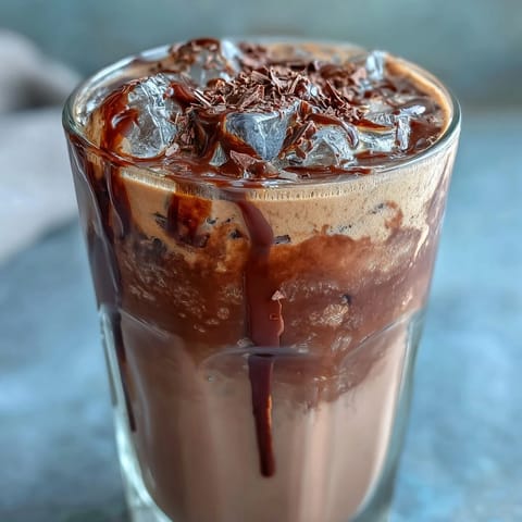Velvety chocolate cream swirls atop chilled cold brew coffee, creating a decadent and refreshing drink.