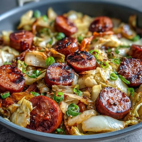 Hearty cabbage and sausage skillet with smoky sausage slices, tender cabbage, and tangy whole grain mustard.