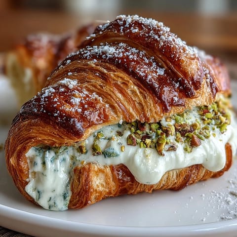 Flaky croissant filled with rich pistachio cream, topped with chopped nuts and powdered sugar for a luxurious treat.