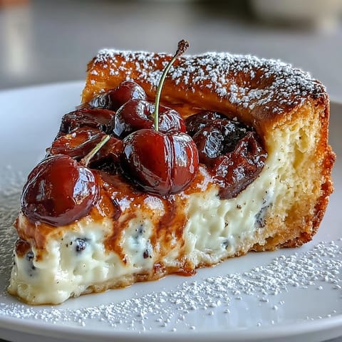 Luscious vanilla bean custard filling this Fresh Cherry Clafoutis, a delightful dessert.