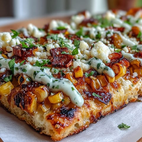 Cinco de Mayo Street Corn Flatbread: Charred corn, cotija, jalapeño crema piled high.