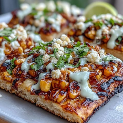 Festive Elote Flatbread topped with vibrant corn and creamy avocado cilantro drizzle.