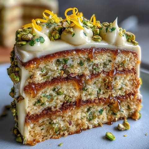 Bright Spring Birthday Lemon Pistachio Layered Cake with creamy frosting and crunchy pistachios.