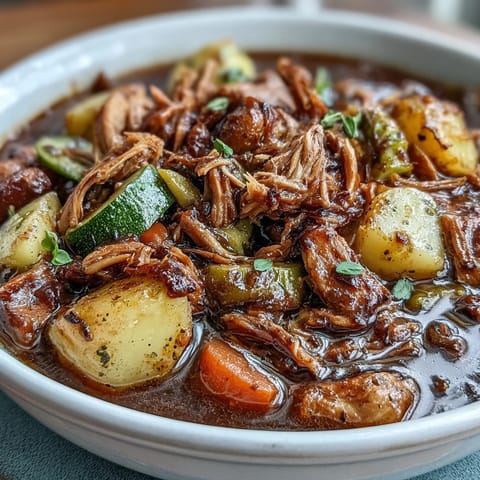Hearty Kentucky Derby Burgoo Stew brimming with tender meats and vegetables.