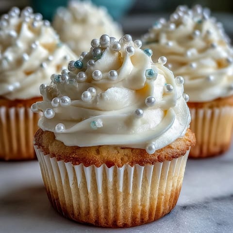 Delicate vanilla Cancer Birthday Cupcakes adorned with pearlescent fondant moon symbols.