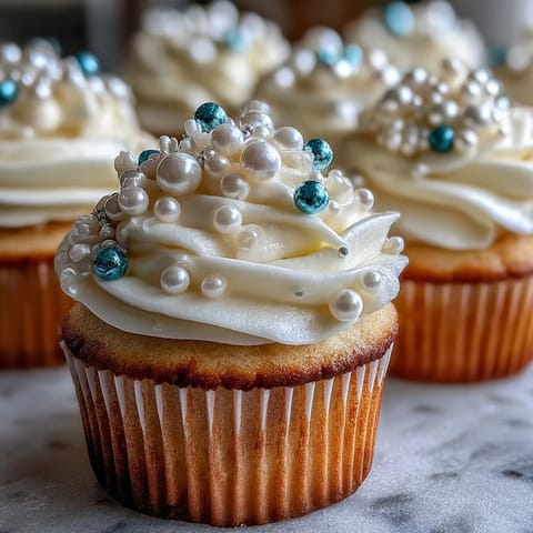 Soft vanilla Cancer Birthday Cupcakes crowned with shimmering pearl fondant.