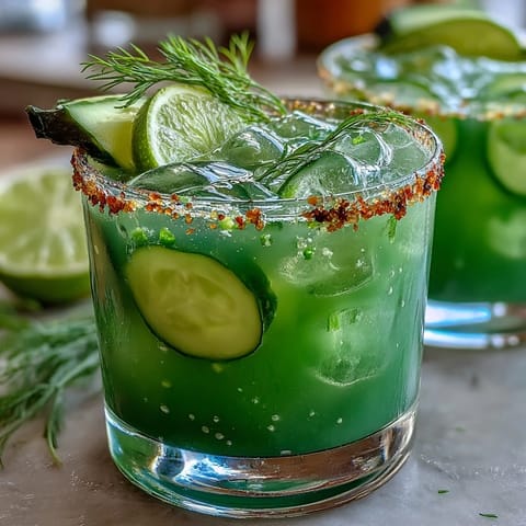 Refreshing Viral Pickle Margarita Mocktail, perfectly chilled with a vibrant jalapeño salt rim.