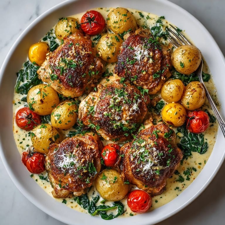 One-Pan Creamy Garlic Parmesan Chicken topped with melted cheese, fresh parsley, and vibrant roasted vegetables.