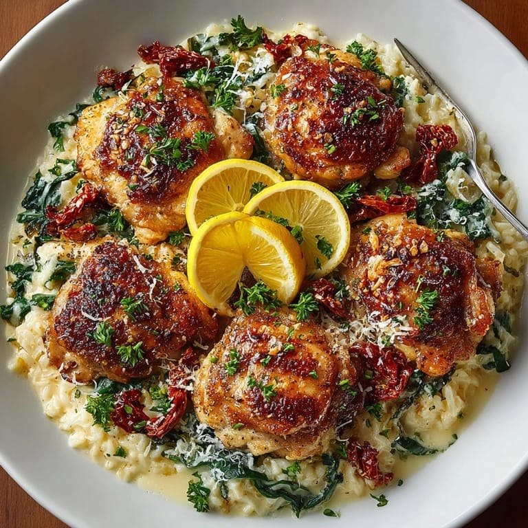One-pot Creamy Tuscan Chicken and Rice Skillet served in a cast-iron pan, garnished with parsley and lemon.