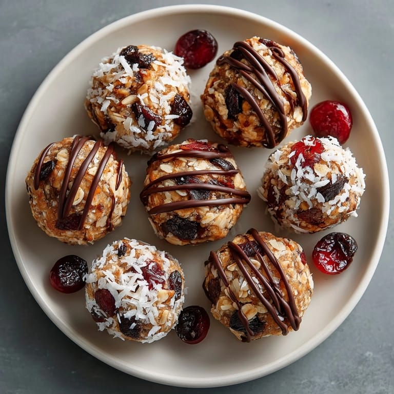 Vibrant photo of homemade Cherry-Coded Holiday Energy Bites, displaying all ingredients beautifully arranged for snacking.