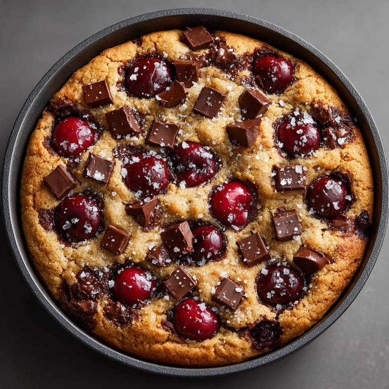 Golden edges with a soft center define this delicious Cherry-Coded Chocolate Chip Cookie Skillet, perfect for dessert.
