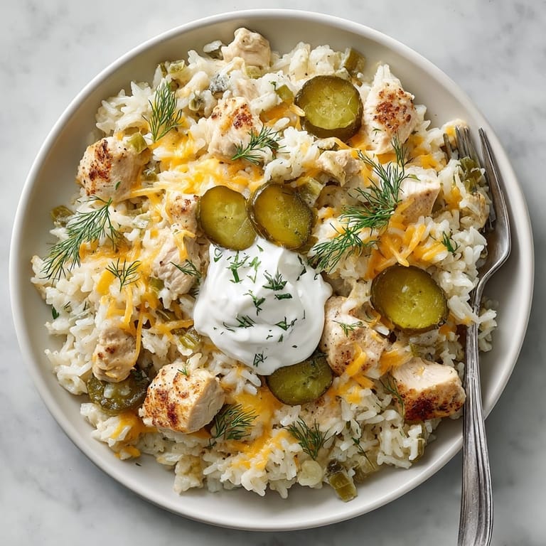 This easy Cozy Pickle Ranch Chicken and Rice Skillet offers tender chicken and flavorful rice.