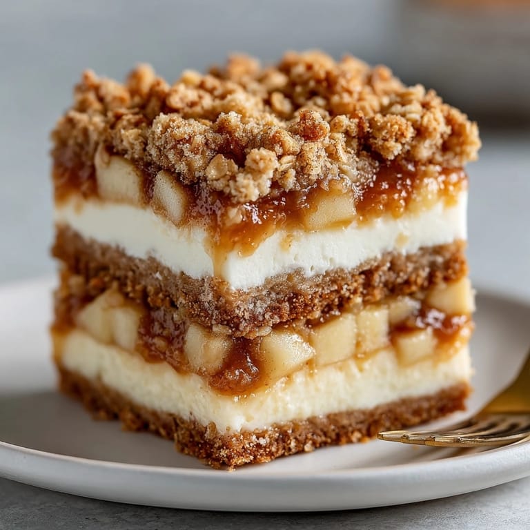 Rich, creamy Sweet Comfort Apple Crisp Cheesecake Squares, layered with spiced apples beneath a crispy oat topping.