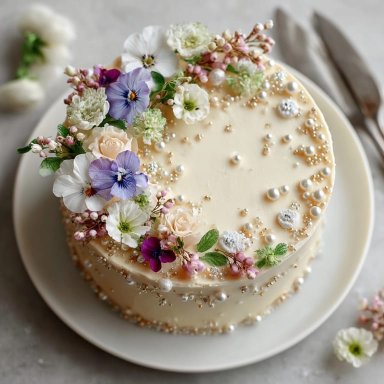 Indulge in this decadent Rococo Revival Vanilla Layer Cake, featuring edible pearls and a smooth, frosted finish.