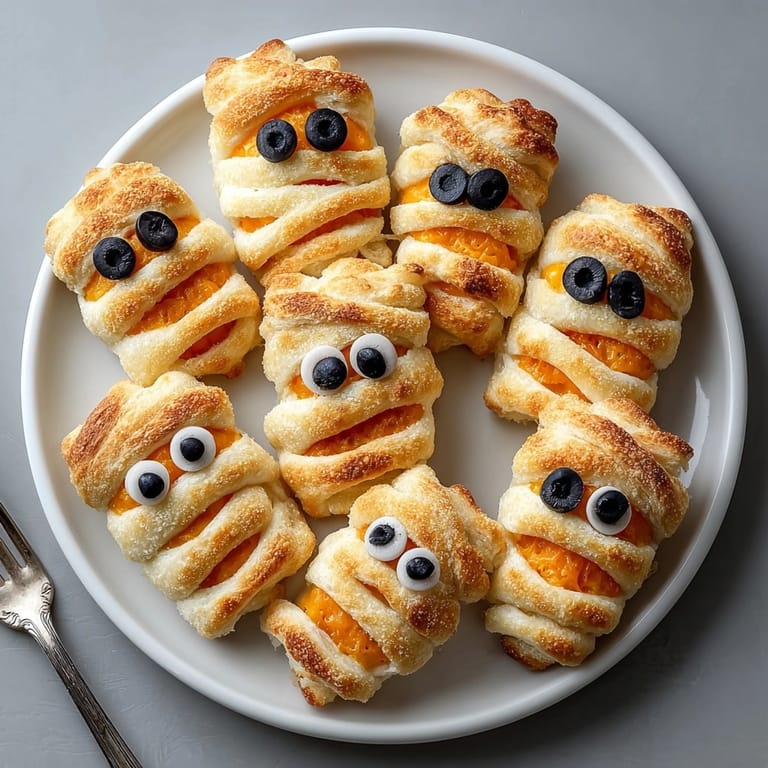 Perfectly baked Halloween Grilled Cheese Mummy Wraps on a baking sheet, ready for a savory Halloween treat.