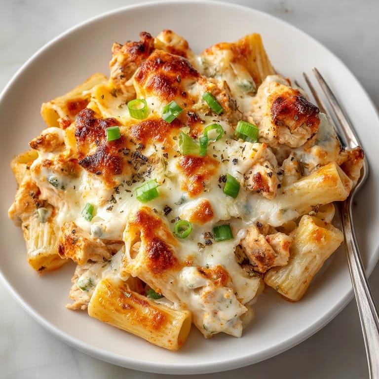 A close-up of the delicious Buffalo Chicken Pasta Bake, perfect for a flavorful weeknight dinner.