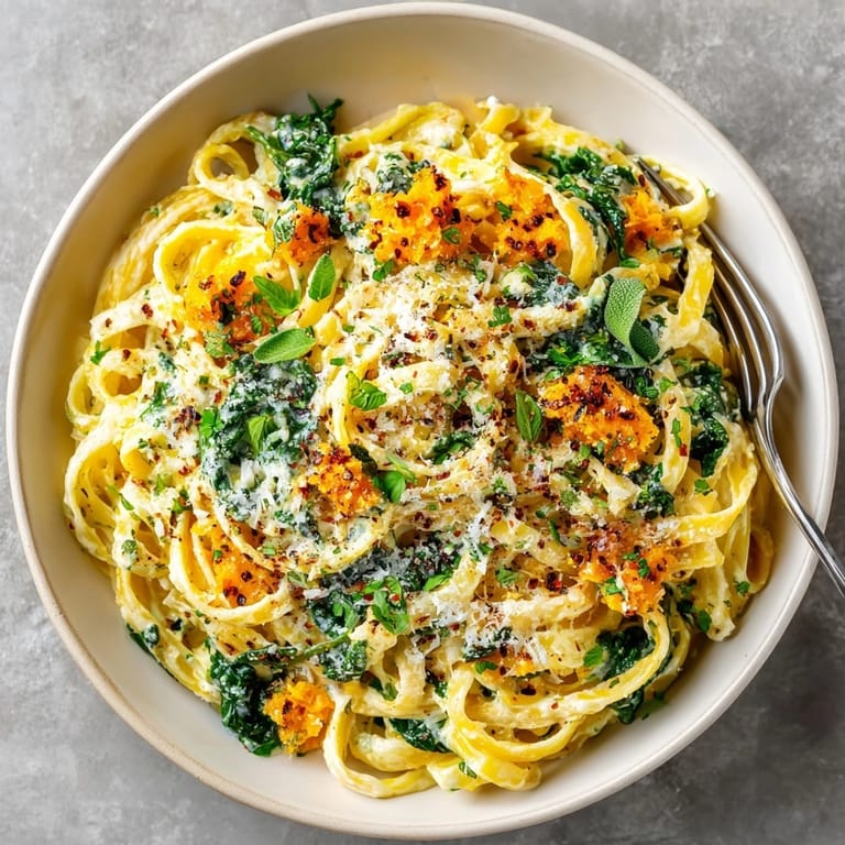 Delectable, steaming bowl of Fall Harvest Pumpkin Alfredo Pasta showcasing autumnal roasted pumpkin and creamy sauce.