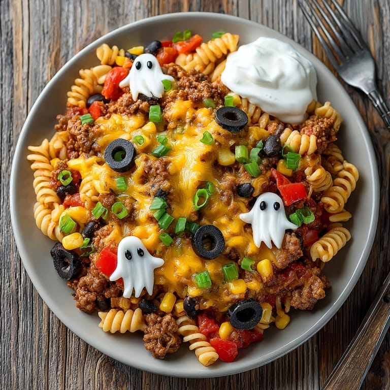 Delicious Haunted House Taco Pasta Skillet, garnished with green onions and olives for a festive spooky look.