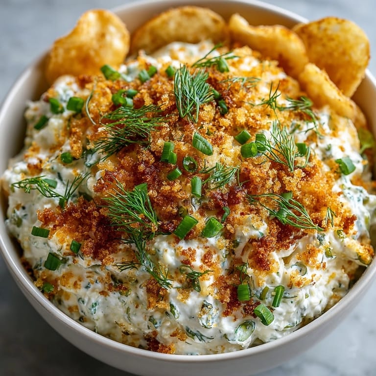 Close-up of Fried Pickle Dip, a flavorful appetizer with pickles, herbs, and crispy chips for scooping.