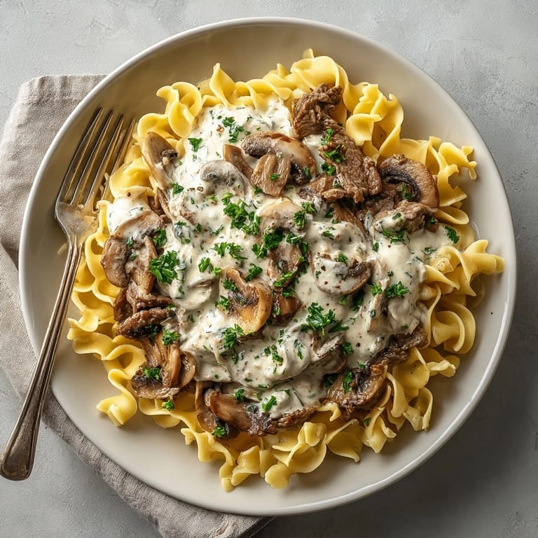 A close-up showcasing steaming Beef and Mushroom Stroganoff, ready to eat with fresh parsley garnish.
