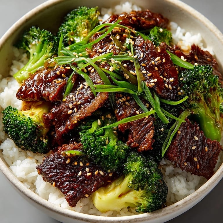 Delicious Beef and Broccoli Rice Bowl, garnished with green onions and sesame seeds, ready to eat.
