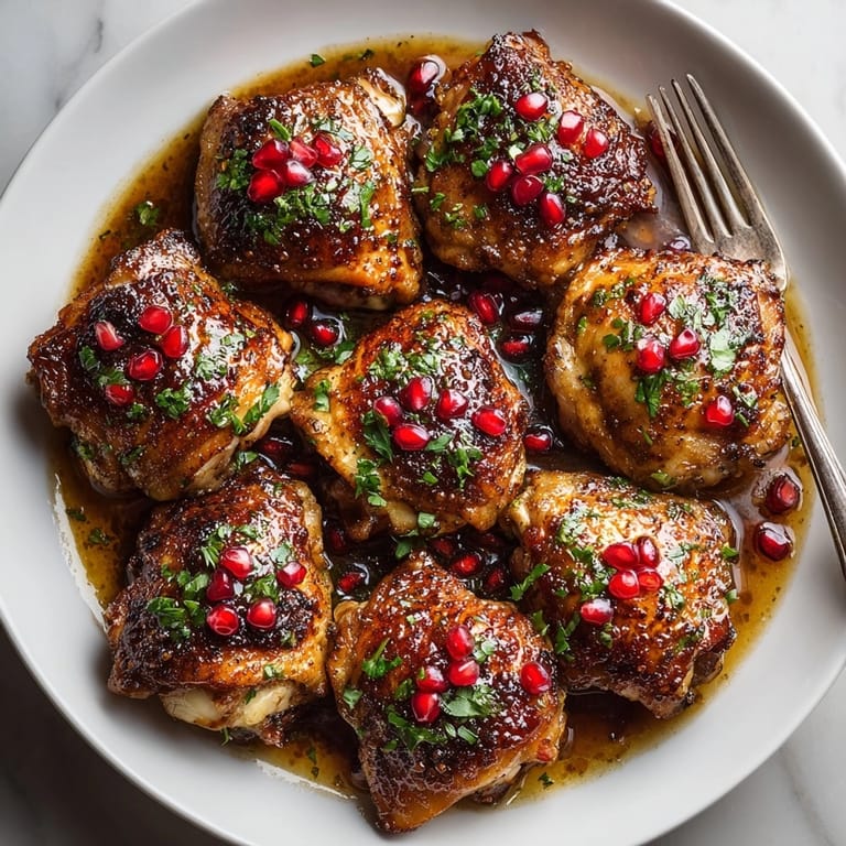 Close-up of Pomegranate Glazed Chicken Thighs with tangy-sweet glaze, perfect for a flavorful main course.