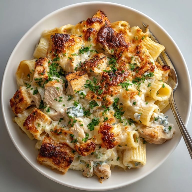 Closeup of Creamy Chicken Alfredo Pasta Bake showcasing tender chicken, rich Alfredo sauce, and toasted cheese.