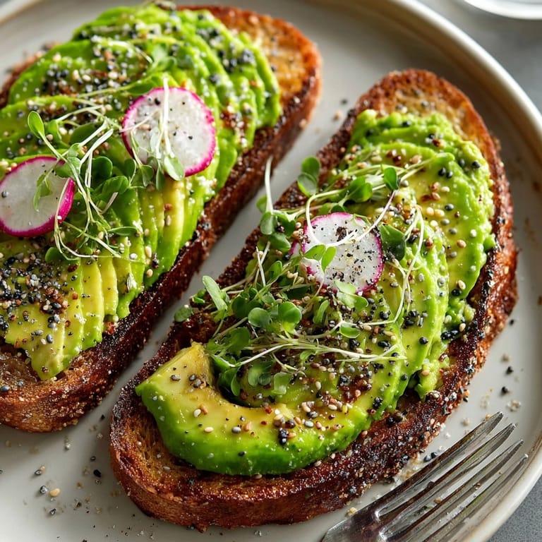 Sliced sourdough layered with creamy avocado, lemon, and everything bagel seasoning for Avocado Toast.